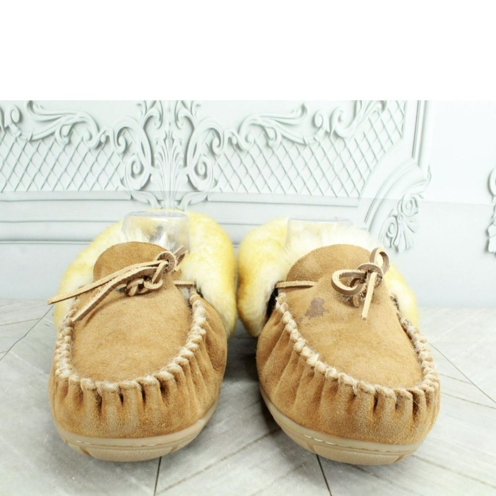LL Bean Brown Suede Wicked Good Shearling Lined Moccasin Slippers Size 10 Wide - Picture 3 of 9